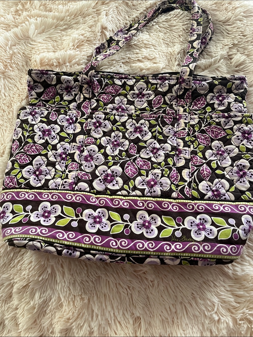 Vera Bradley Purple Floral Quilted Tote with Green Accents